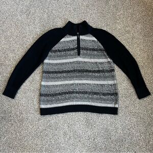 Eddie Bauer Black Grey Stripe‎ 1/4 Zip Up Cotton Knit Sweater, Size Large